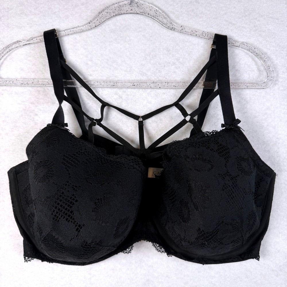 Cacique Black Lace Cage Strap Lightly Lined Balconette Bra 40DDD 610635, 1 Flaw - Picture 7 of 16